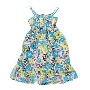 Emily West Girls Blue Floral Smocked Sundress Size 12 Polka Dot Straps Y2K